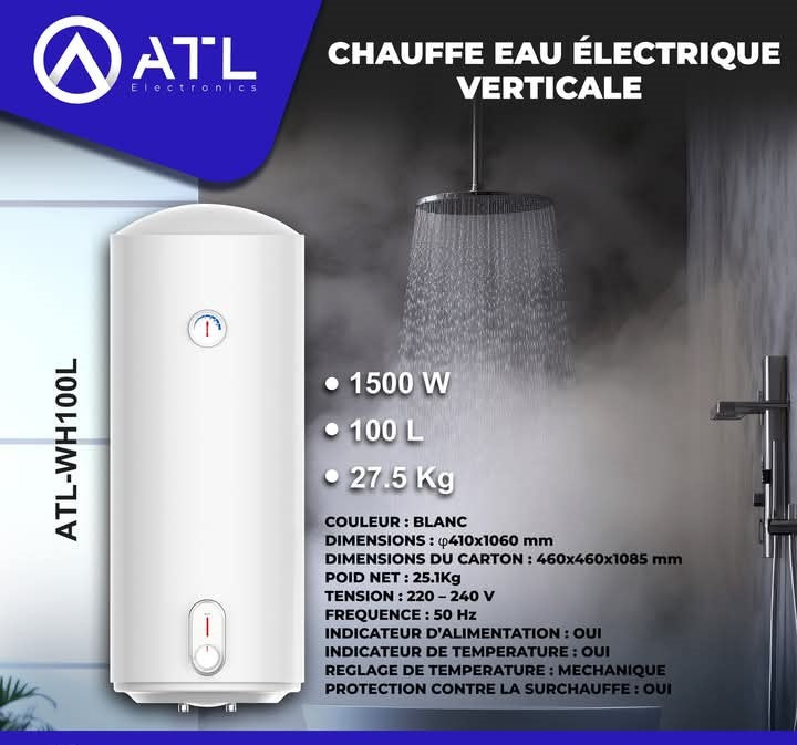 Chauffe-Eau Électrique Vertical ATL - 100 Litres - 1500w - Couleur Blanc - ATL-WH100L Chauffe-Eau Électrique Vertical ATL - 100 Litres - 1500w - Couleur Blanc - ATL-WH100L
